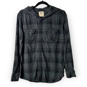 TNA Grey & Black Boyfriend Fit  Hooded Button Up Flannel Shirt
